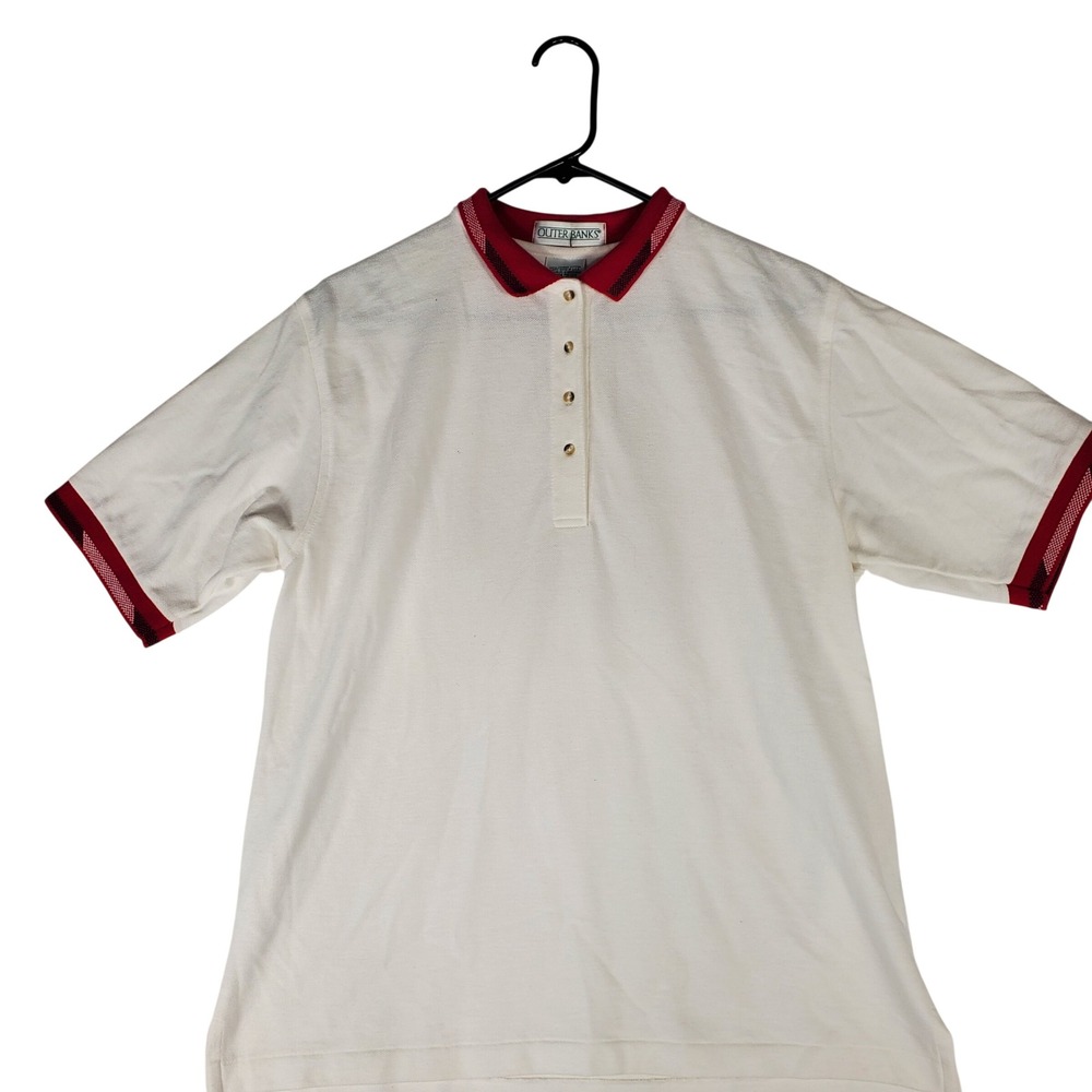Outer Banks Mens Large White Red Trim Short Sleeve Combed Cotton Polo Shirt